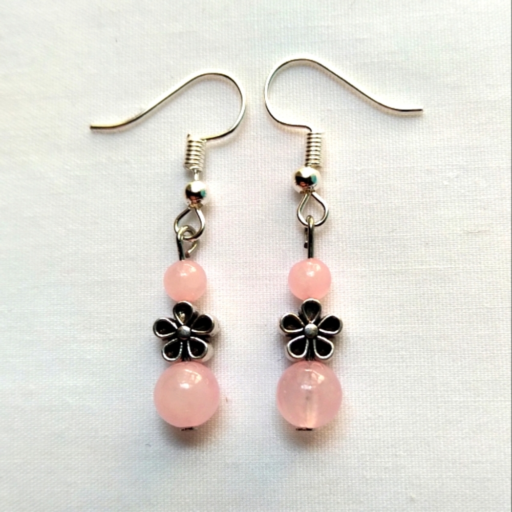 Natural Gemstone Pink Rose Quartz Flower Dangle Earrings Handmade Reiki Chakra